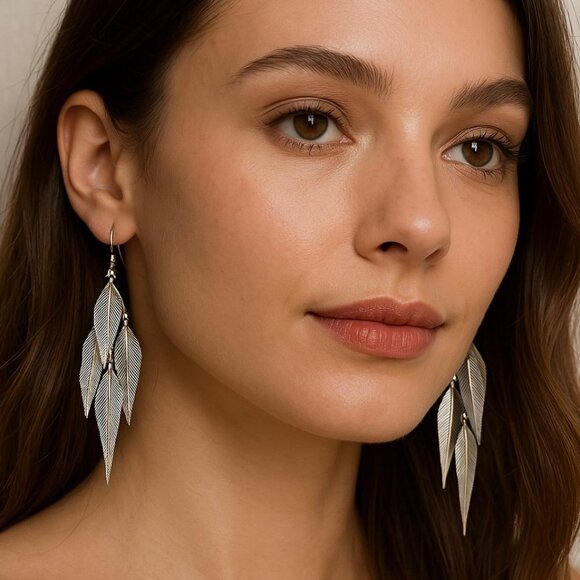 Multi Willow Leaf Earrings Long Dangle 5 Inch Drop Metal Silvertone New - Picture 1 of 11